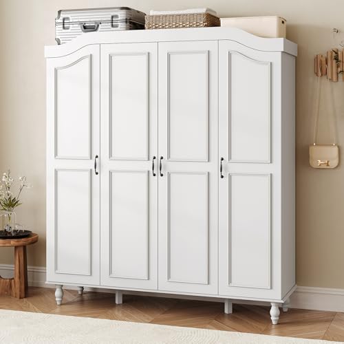 71-Inch Arched Armoire Wardrobe Closet, 4-Door White Wooden Storage Cabinet