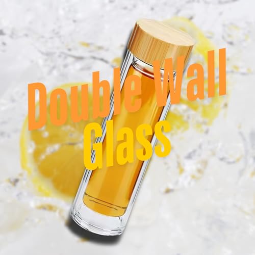 15oz Double Wall Glass Water Bottle with Bamboo Lid & Tea Infuser - Insulated, Leak-Proof Travel Mug