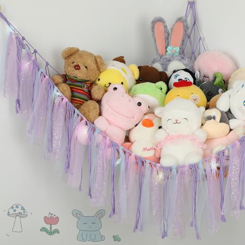 Large Stuffed Animal Hammock with LED Lights - Handwoven Cotton Toy Organizer