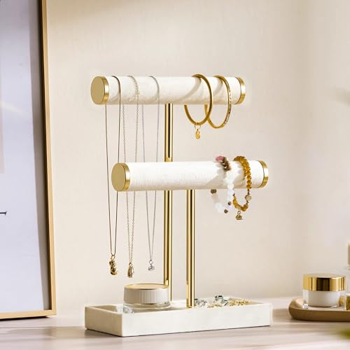 2-Tier Velvet Jewelry Stand and Bracelet Holder Organizer in Beige