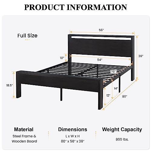 Full Size Metal Platform Bed Frame with Wooden Headboard & Under-Bed Storage