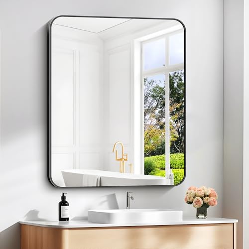 30" x 36" Rectangular Bathroom Mirror, Matte Black Metal Wall Mirror