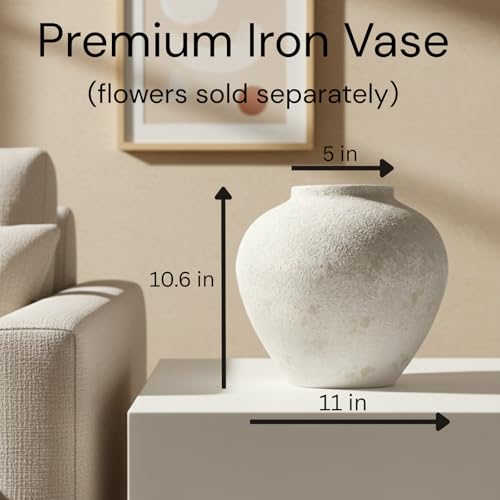 Rustic White Round Ceramic Vase - 11 Inch Textured Table Centerpiece Decor
