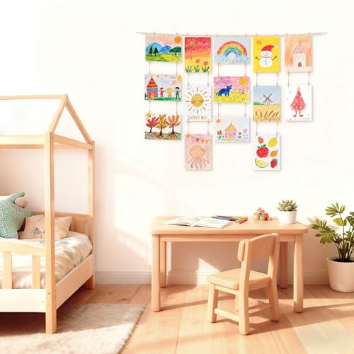 Kids Artwork Wall Display, Boho Wooden Bead Garland with 34 Clips
