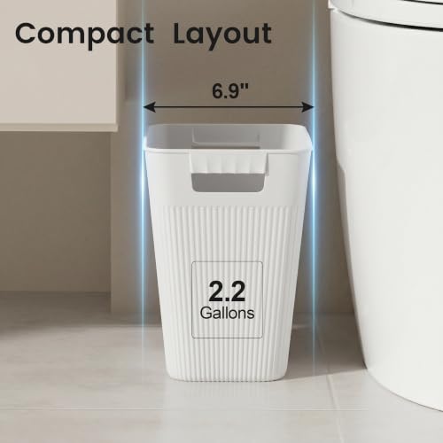 Slim Plastic Trash Can 3-Pack, 2.2 Gallon White Wastebasket with Bags