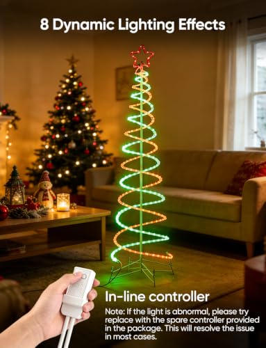 5ft Double Spiral LED Christmas Tree Lights - Green & Red with 8 Modes (HeliosRibbon, Includes Spare Controller)