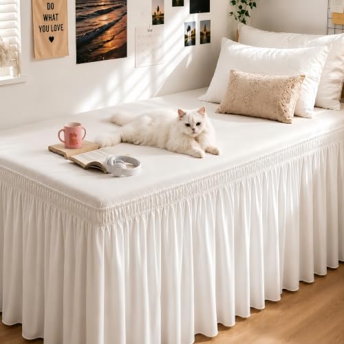 White Twin XL Bed Skirt 32 Inch Drop - Elastic Wrap Dust Ruffle for Dorms