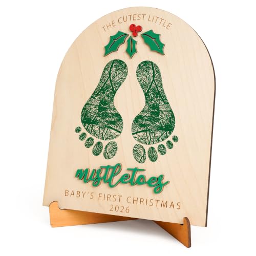 Kingduhu The Cutest Little Mistletoes Baby's First Christmas 2025 Footprint Board - Xmas FootPrint (Personalized Nursery Photo Prop, Wooden Keepsake)