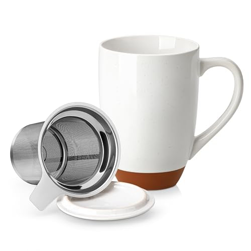 MALACASA Khaki White Ceramic Tea Mug with Infuser & Lid, 18 oz