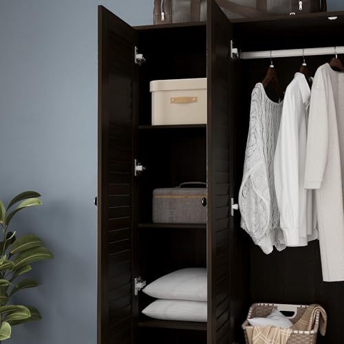 Tall Bedroom Wardrobe with Louvered Doors, Shelves, and Drawers - Vintage Brown