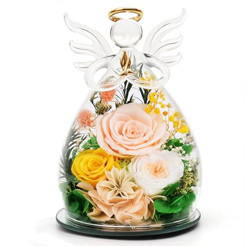 Preserved Real Rose Glass Angel Figurine with LED Light - Eternal Flower Gift