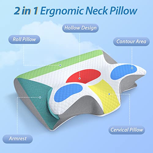 Memory Foam Cervical Pillow - 2 in 1 Ergonomic Neck Support for Pain Relief