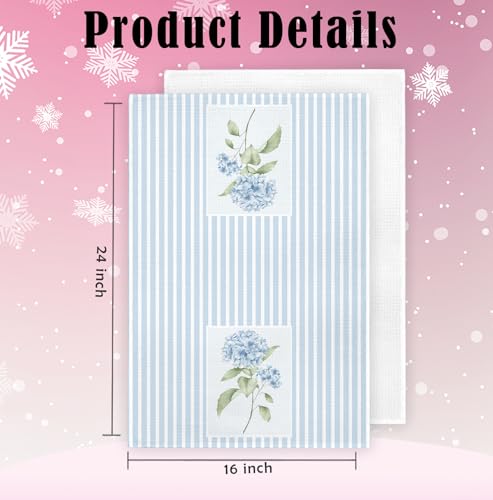 Summer-Striped Hydrangea Kitchen Towels 16x24” — Blue Stripe Hand & Dish Towel Set