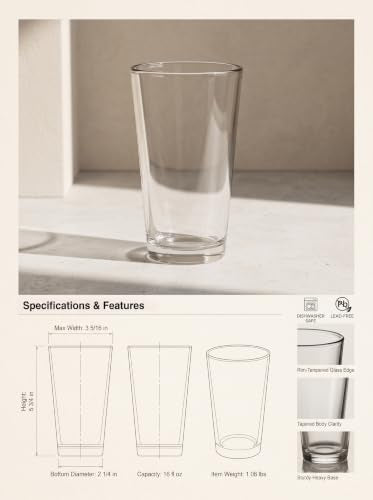 16 oz. Heat-Tempered Beer Glasses, Set of 6 - Durable Restaurant Barware