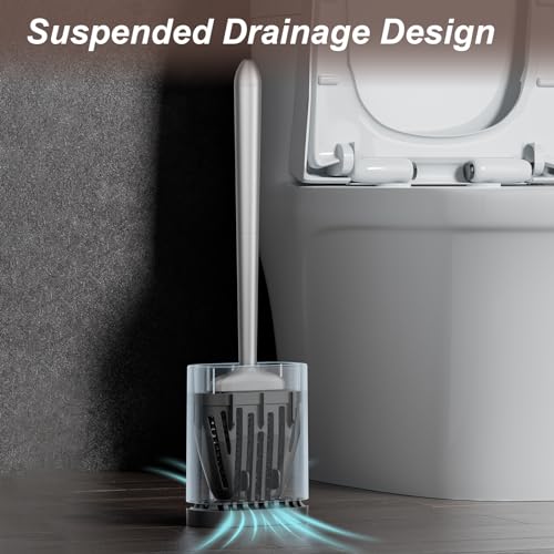 Silicone Toilet Brush and Holder Set - Flat Flexible Head, Rustproof Handle