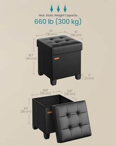 Square Storage Ottoman with Legs, Foldable Faux Leather Footrest, 15-Inch