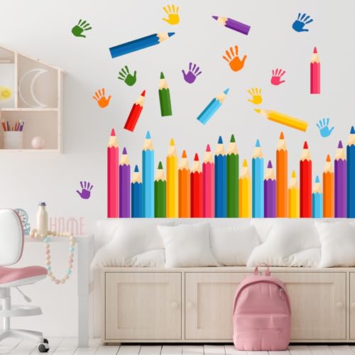 Colorful Pencil and Handprint Wall Decals - 47 Pcs Peel and Stick Decor
