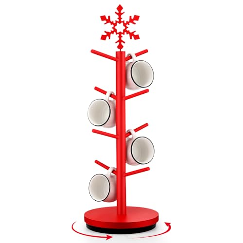 Red Snowflake Christmas Mug Tree Holder with 8 Hooks - Wooden Coffee Cup Organizer