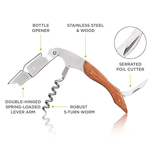 True Sommelier Waiter's Corkscrew Wine Opener with Bottle Opener & Foil Cutter, Stainless Steel & Wood Handle