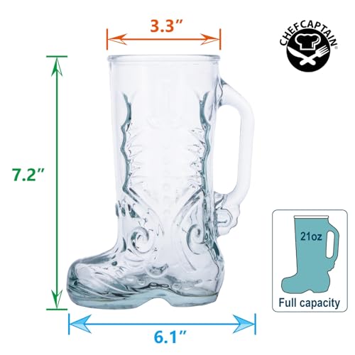 21 Oz Glass Beer Boot Mugs with Handles - Set of 4 Lead-Free Stein Glasses