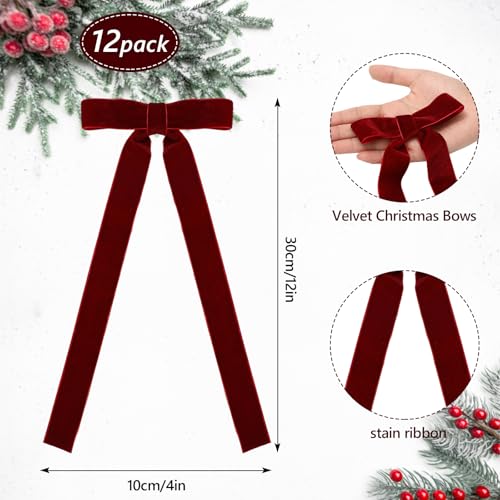 12 Pack Velvet Christmas Bows for Candlestick & Holiday Decor, Wine Red