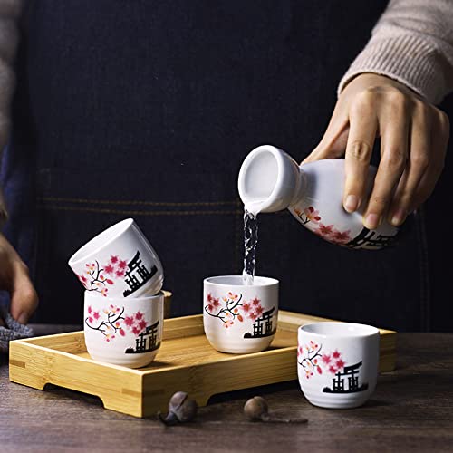 Old Craftsmen's Japanese Sake Set 5 Pcs 200ml Bottle & 50ml Cups Traditional Ceramic Sakura Design