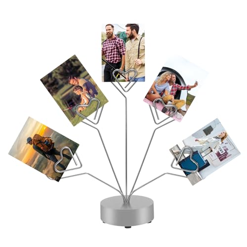 Heart-Shaped Photo Tree Holder with 5 Branches, Silver Desktop Display Stand