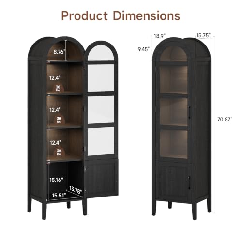 71" Narrow Arched Display Cabinet with Glass Doors and Dimmable LED Lights