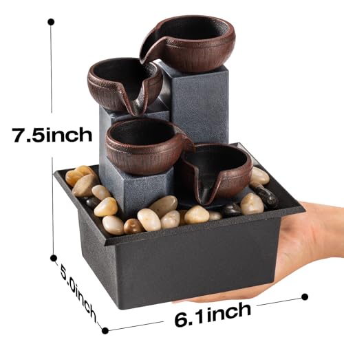 4-Tier Tabletop Indoor Waterfall Fountain with LED Light & River Rocks