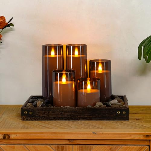 Homemory Gray Flickering Flameless Candles with Remote & Timer Set - 4/5/6/8 Inch Height