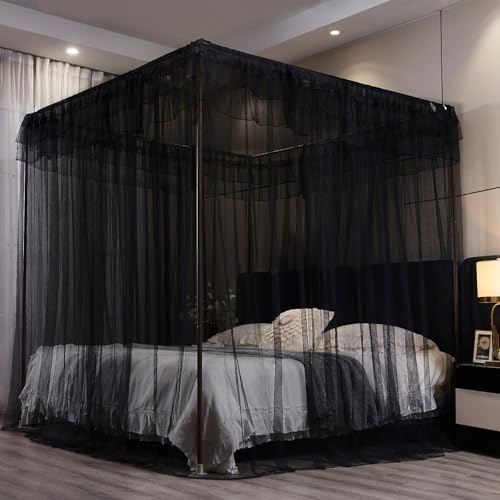 Black 4-Poster Bed Canopy Curtains - Queen Size Mosquito Netting