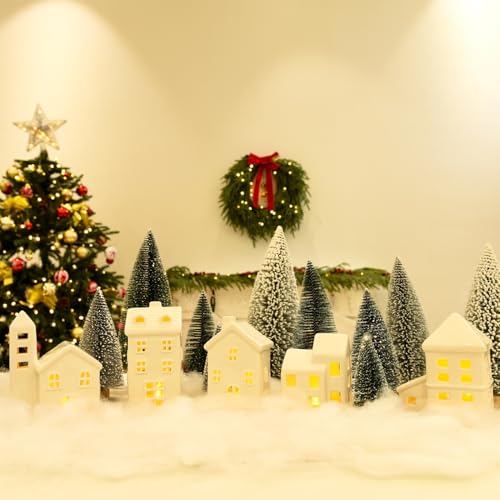 White Ceramic Christmas Village Set - 5 Houses, 9 Mini Trees & Snow