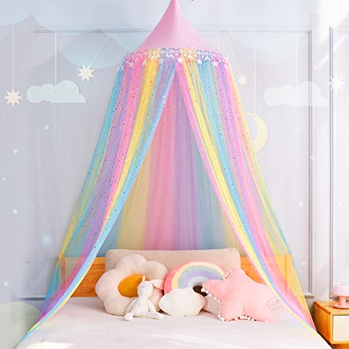 Rainbow Bed Canopy for Girls - Glitter Star & Moon Princess Bed Curtain