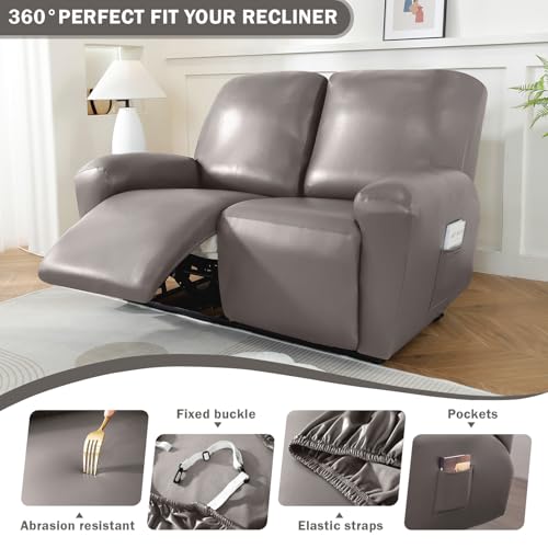 Waterproof Faux Leather Recliner Slipcover - 6 Pieces, Anti-Slip, Soft Sofa Protector for Pets, Grey Brown