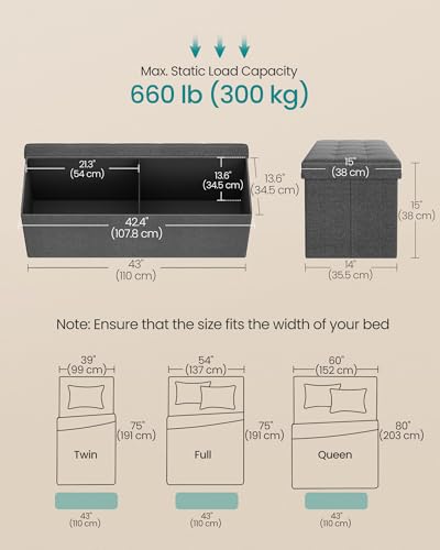 43-Inch Folding Storage Ottoman Bench - Tufted Lidded Chest, Dark Gray