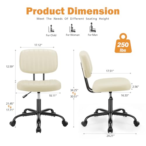 Armless PU Leather Swivel Desk Chair with Lumbar Support - Height Adjustable