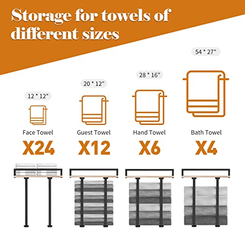 Wall Mounted Towel Rack with Wooden Shelf - Black Metal Bathroom Organizer