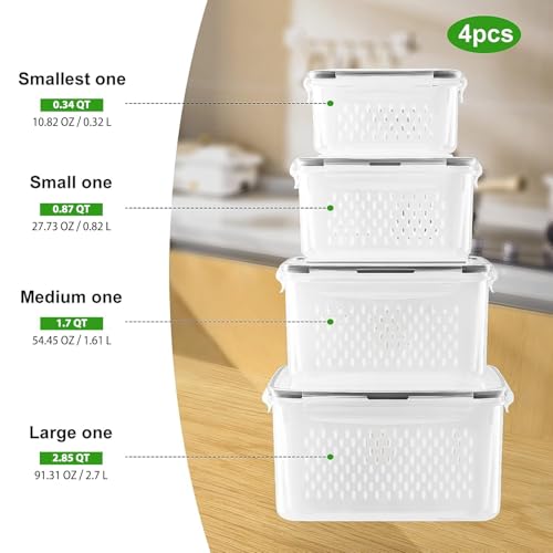 Freshmage Fruit Storage Containers for Fridge with Removable Colander 4 PCS