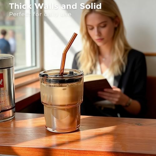 13oz Glass Iced Coffee Tumbler with Lid and Straw, 2-Piece Reusable Cup