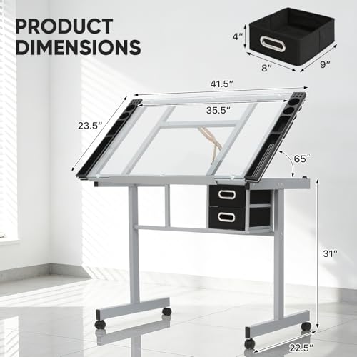 Adjustable Drafting Table with Tilting Glass Top and 2 Drawers