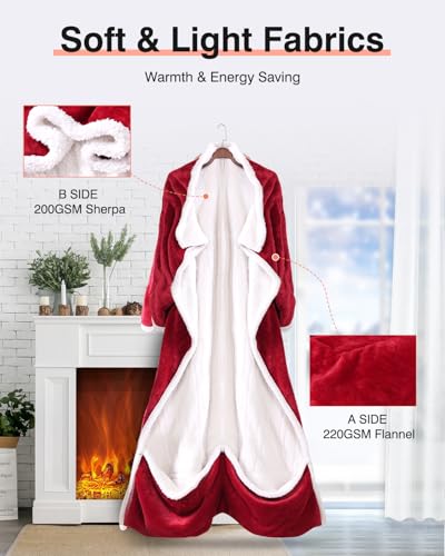 Yokimisu Wearable Heated Blanket with Sleeves & Foot Pockets, Electric Heated Robe, 6 Heating Levels, 50x70 inches, Red