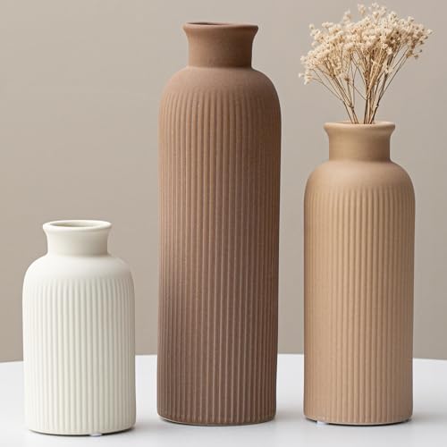 Modern Ceramic Vase Set - 3-Piece Ribbed Matte Vases for Home Decor