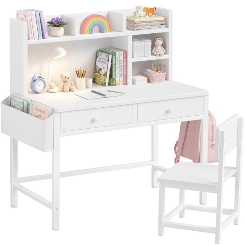 Kids Study Desk and Chair Set with Hutch and Fabric Storage Drawers