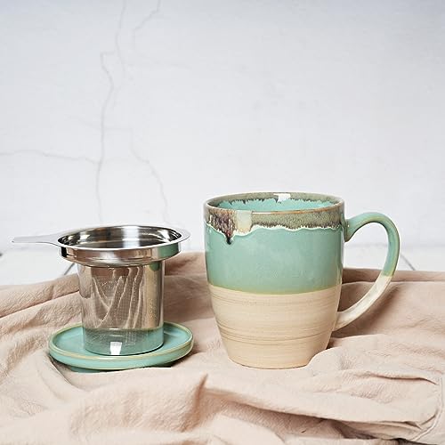 Bosmarlin Green Ceramic Tea Mug with Infuser & Lid, 16 Oz, Reactive Glaze