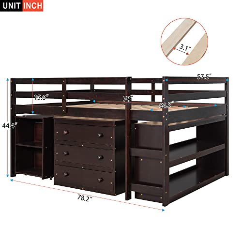 Full Size Wood Loft Bed with Rolling Desk, Bookshelf, and Storage Drawers