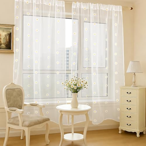 Ivory Daisy Flower Sheer Curtains - 2 Panels, 52x84 Inches
