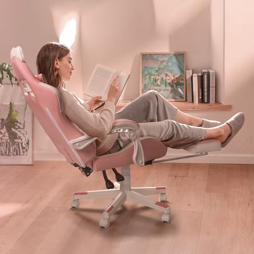 Kawaii Pink Gaming Chair with Cat Ears, Footrest and Lumbar Support