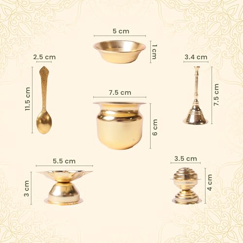 Brass Pooja Thali Set with Accessories - 8.5 Inch Gold Finish Ritual Plate