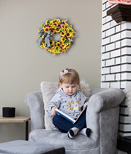 18-Inch Artificial Sunflower Wreath with Bow for Front Door Spring Decor