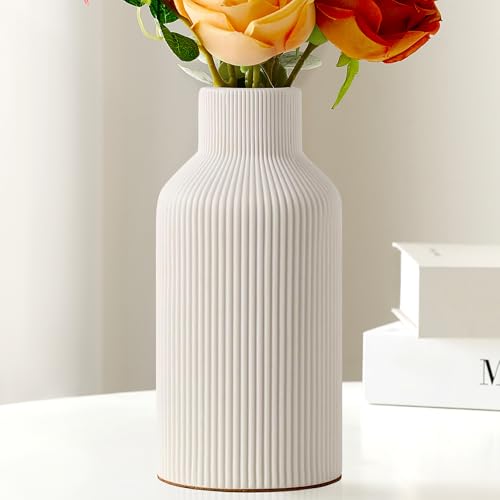 White Ceramic Flower Vase - 8 Inch Modern Minimalist Pampas Grass Vase